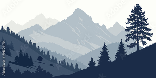 Majestic mountain range with snow-capped peaks and lush pine trees in the foreground