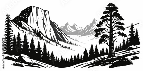 Majestic mountain landscape with towering peaks and dense forest