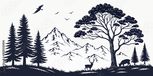 A serene forest scene with various animals and a majestic mountain range in the background.