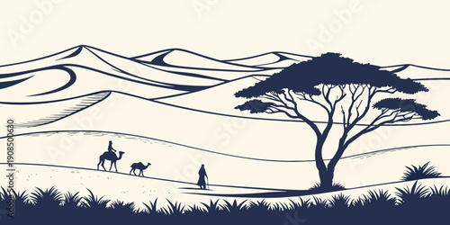 Serene landscape with baobab tree and grazing animals under a starry sky