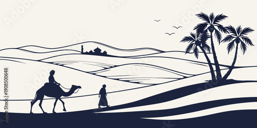 Silhouettes of travelers on camels journeying through a desert landscape with palm trees