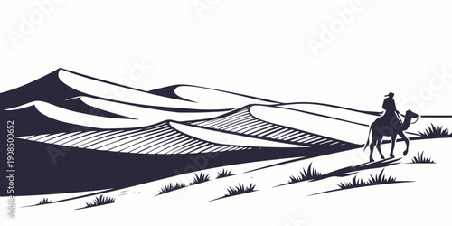 A lone rider on horseback traverses the vast and undulating desert landscape.