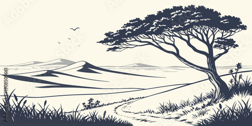 A majestic tree stands tall in a serene landscape with rolling hills in the background