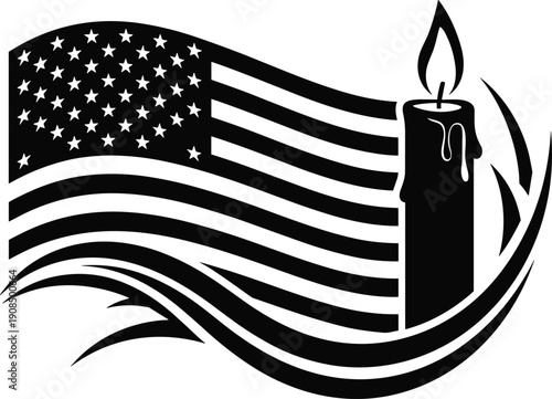 American flag silhouette with memorial candle, patriotic remembrance symbol, monochrome vector illustration honoring fallen heroes, national mourning design, concept, icon