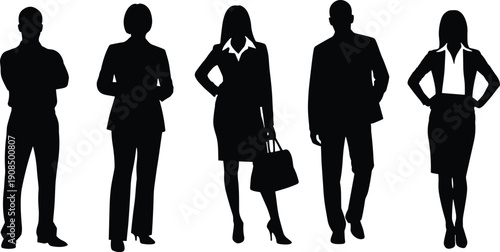 Business professional silhouettes in formal attire, men and women standing, corporate posture, black figures, office wear, white background, workplace diversity