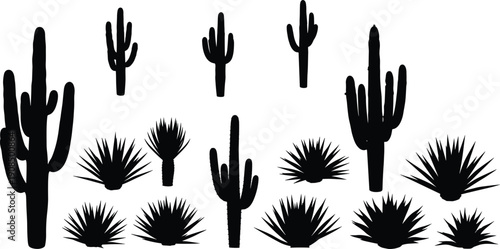 Cactus and agave silhouettes collection, desert plant vector, botanical outline icons, arid nature design set, southwestern illustration, black silhouette art