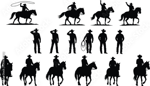 Cowboy silhouette vector, horse rider illustration, western culture artwork, lasso graphic design, rustic ranch icon, rodeo clipart, wild west symbol