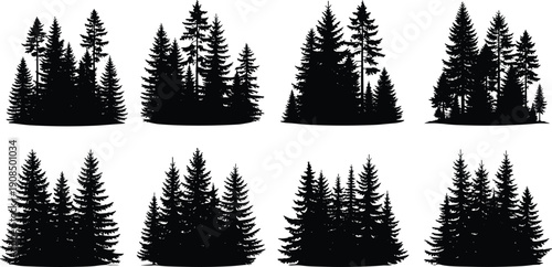 Conifer tree silhouette collection, forest vector illustration, pine tree design, evergreen artwork, black nature icon, woodland landscape art, outdoor scenery silhouette