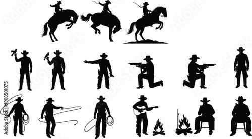 Cowboy silhouette, horse riding, lasso, guitar, campfire, western, culture, lifestyle, vector, illustration, abstract, design, ranch, wild, west, tradition, cowboy action, country, symbol, concept