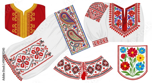 Traditional embroidered clothing elements with floral patterns and ornate designs
