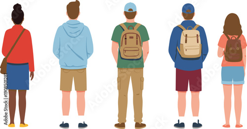 Back view of diverse people wearing backpacks, standing together, casual lifestyle characters, travel students illustration, isolated on white background