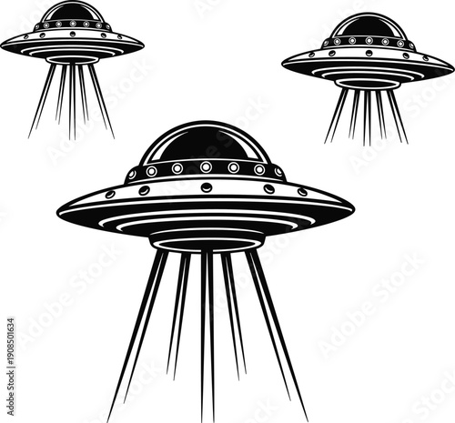 Black and white UFO flying saucers with beams of light, bold comic style extraterrestrial spaceship vector illustration science fiction alien theme