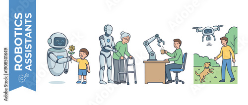 Robotics Assistants Illustration Set Featuring Smart AI Robots Helping People in Daily Life, Including Child with Robot, Elderly Care, Office Automation, and Drone Technology for Modern Lifestyle
