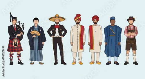 Diverse people wearing traditional cultural clothing from around the world standing in a row
