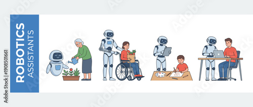 Robotics Assistants Illustration Set Showing Humanoid Robots Helping People with Daily Tasks Like Gardening, Mobility Support for Wheelchair Users, Tutoring Children, and Office Work Support