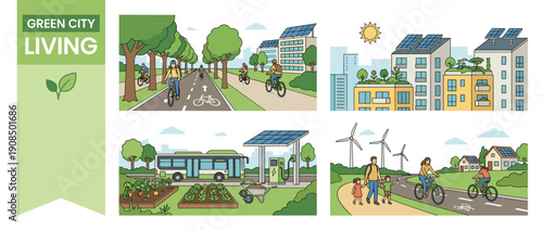 Sustainable Green City Living illustration set featuring eco-friendly urban infrastructure with solar panels, wind turbines, electric buses, bicycle lanes, rooftop gardens, and organic farming.