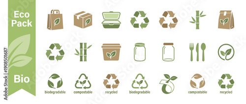 Set of eco-friendly packaging icons with biodegradable, compostable, and recycled symbols for sustainable business. Includes paper bags, boxes, glass jars, bamboo, and green leaf design elements.