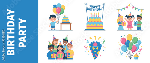 Colorful Birthday Party Vector Illustration Collection Featuring Happy Kids with Gifts, Festive Balloons, Delicious Cakes, Party Hats, and Confetti for Celebration and Event Graphic Design Layouts.