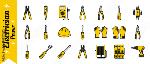 Professional Electrician Tools and Equipment Icon Set Featuring Multimeter, Voltage Tester, Pliers, Screwdrivers, Wire Strippers, Hard Hat, Safety Gloves, Circuit Breaker, and Power Drill Vector