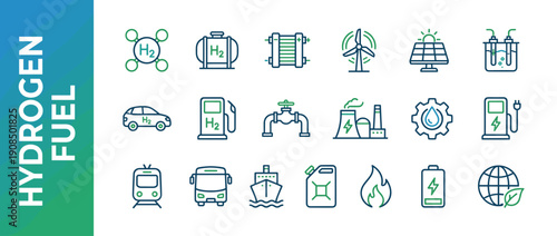 Hydrogen Fuel Icon Set: Comprehensive Collection of Clean Energy Symbols Including H2 Molecule, Fuel Cell, Solar Panels, Wind Turbines, Green Transportation, Electrolysis, and Sustainable Power