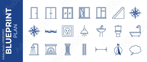 Blueprint plan symbols collection with architectural icons for house design, including doors, windows, stairs, plumbing fixtures, electrical outlets, lighting, compass rose, and fireplace.