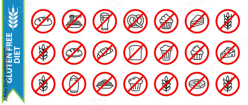 Gluten free diet infographic set featuring line art icons of prohibited foods like bread, pasta, beer, and wheat with red prohibition signs for celiac disease and wheat allergy health awareness.
