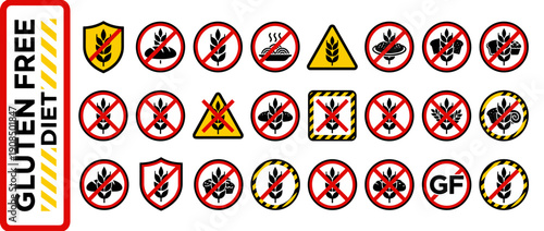 Comprehensive Gluten Free Diet Icon Collection featuring Wheat Free Symbols, No Gluten Labels, Celiac Disease Awareness Signs, and Food Allergy Warning Icons for Healthy Eating and Nutrition.