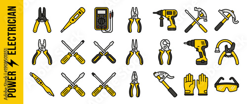 Professional Electrician Power Tools Icon Set Featuring Yellow and Black Equipment for Electrical Maintenance, Repair, and Installation with Pliers, Screwdrivers, Drills, and Safety Gear.