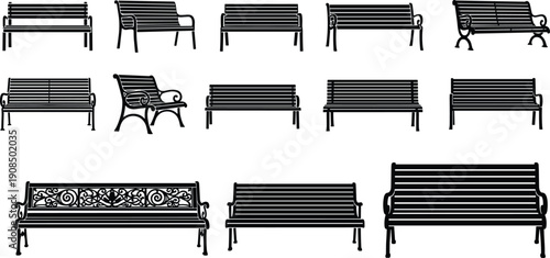 Black park bench icons set, outdoor seating silhouettes collection, garden furniture designs, urban bench symbols, minimal vector illustration