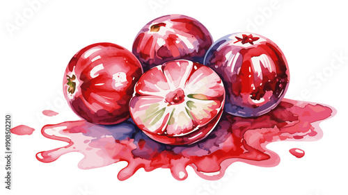 cranberries painted in watercolor with sliced berry and splash illustration