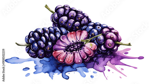 blackberries painted in watercolor with sliced berry and splash illustration