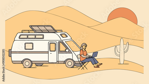 Digital nomad working remotely from a desert campsite in a camper van at sunset with laptop