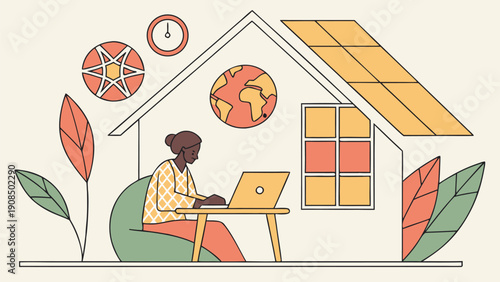 Freelancer working remotely from home with eco friendly solar panel and laptop on desk surrounded by plants and culture symbols