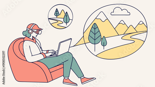 Freelancer working remotely on laptop while imagining travel and mountain scenery