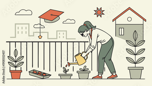A person watering plants in a balcony garden with a city view surrounded by potted plants and a house
