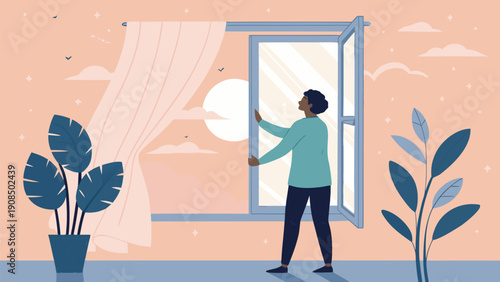 Person opening window for fresh air and morning sunlight in a serene home environment with plants