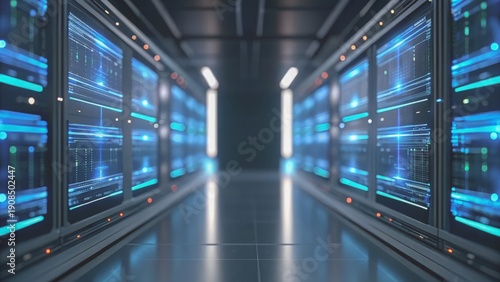 Artificial Intelligence Concept A futuristic data center corridor with illuminated server racks and blue lighting reflecting on the floor.