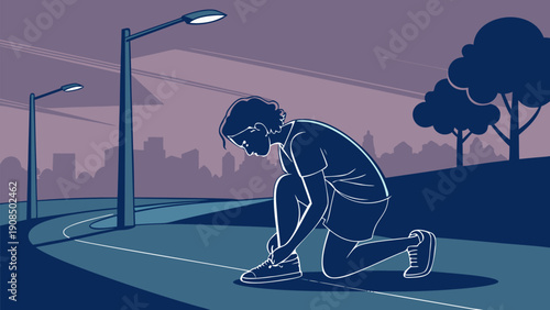 Runner tying shoelaces on a city street before dawn preparing for a run at sunrise with urban skyline in background