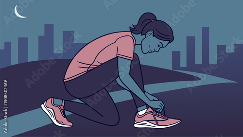 Runner tying shoelaces before dawn on a city street at night with a moonlit sky