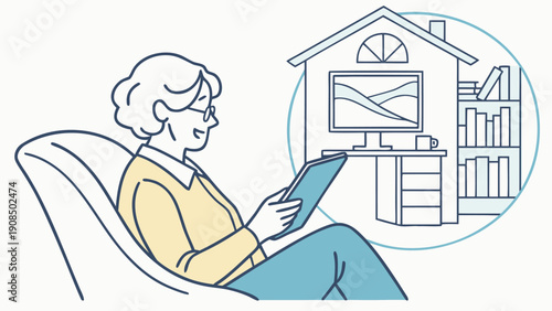 Senior citizen working from home using tablet and computer with house in background remote work concept