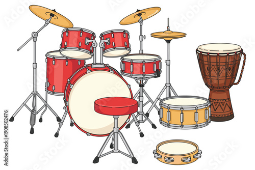 Musical Instruments Drum Kit and Percussion Set Colorful Illustration drums