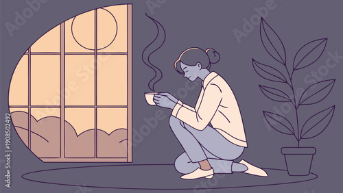 Woman preparing tea by the window in the evening with steam forming