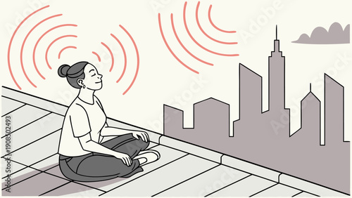 Woman meditating on rooftop with city skyline peaceful urban mindfulness scene at sunset