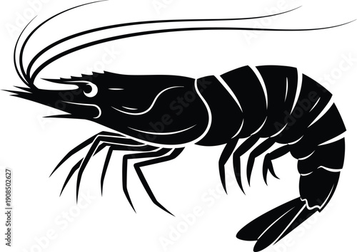 Detailed black silhouette of shrimp seafood crustacean isolated on transparent background
