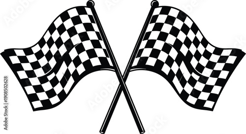Crossed racing checkered flags silhouette isolated on white background, motorsport finish symbol, speed competition victory icon, black vector illustration design