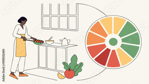 Person cooking healthy meal kitchen with color wheel nutrition guide