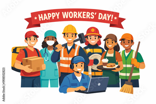 International Workers’ Day Essential Workforce United in Flat Vector Illustration