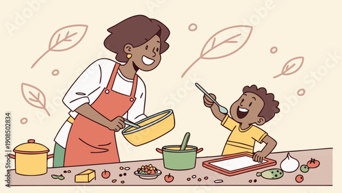 Smiling mother and child cooking together in kitchen with pots utensils and ingredients on countertop happy family bonding over food