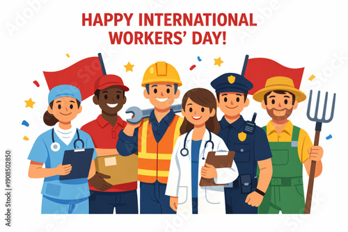 International Workers’ Day Essential Workforce United in Flat Vector Illustration