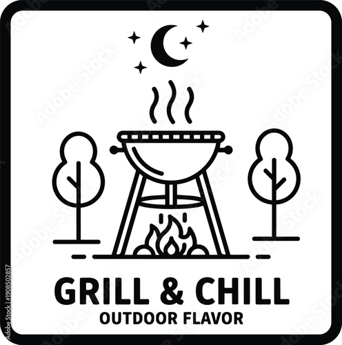 Outdoor Grill Icon with Trees Moon and Stars for Grilling and Chilling barbecue fire